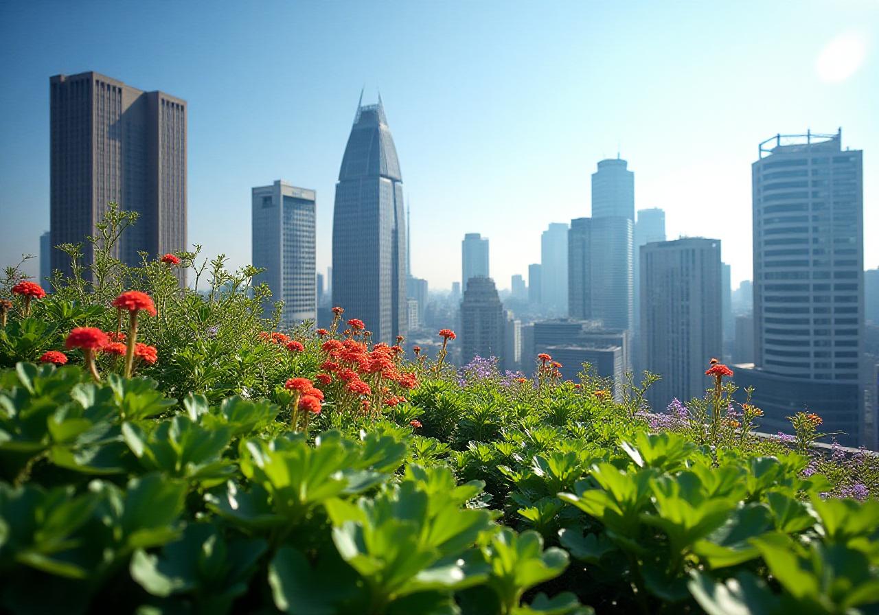 新宿のビル群を背景にした緑豊かなルーフガーデン